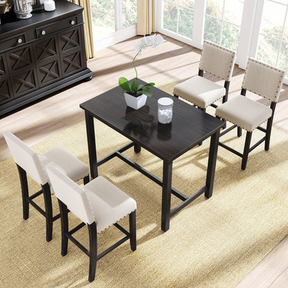TOPMAX 5 Piece Rustic Wooden Counter Height Dining Table Set with 4 Upholstered Chairs for Small Places Espresso+ Beige - FurniFindUSA
