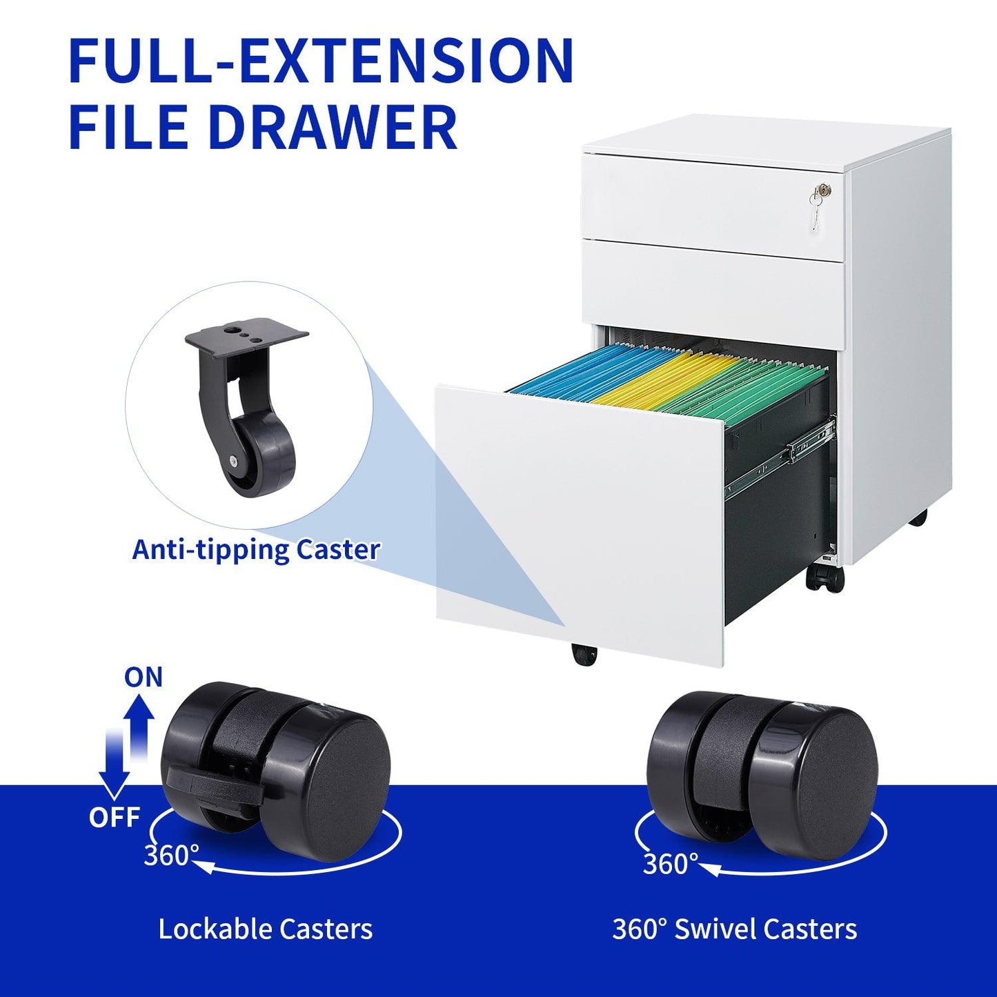 3 Drawer Mobile File Cabinet with Lock Steel File Cabinet for Legal/Letter/A4/F4 Size Fully Assembled Include Wheels - FurniFindUSA