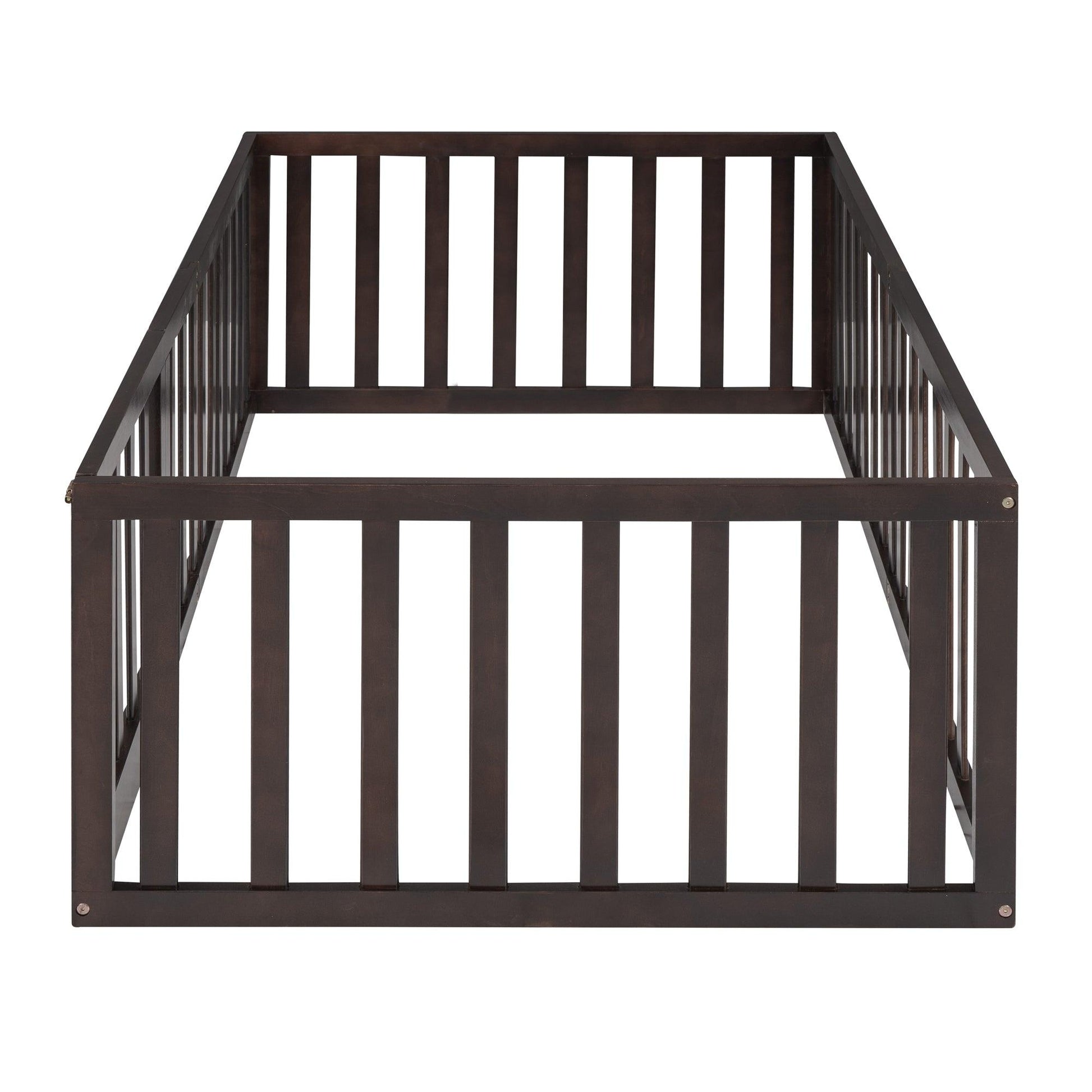 Twin Size Wood Floor Bed Frame with Fence and Door Walnut - FurniFindUSA