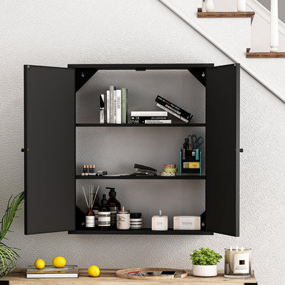 23.62 "Vintage Two Door Wall Cabinet with Mirror Three-level Entrance Storage Space Black - FurniFindUSA