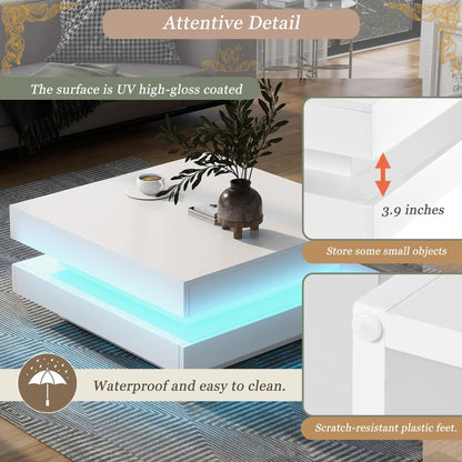 ON-TREND High Gloss Minimalist Design with LED Lights 2-Tier Square Coffee Table White - FurniFindUSA