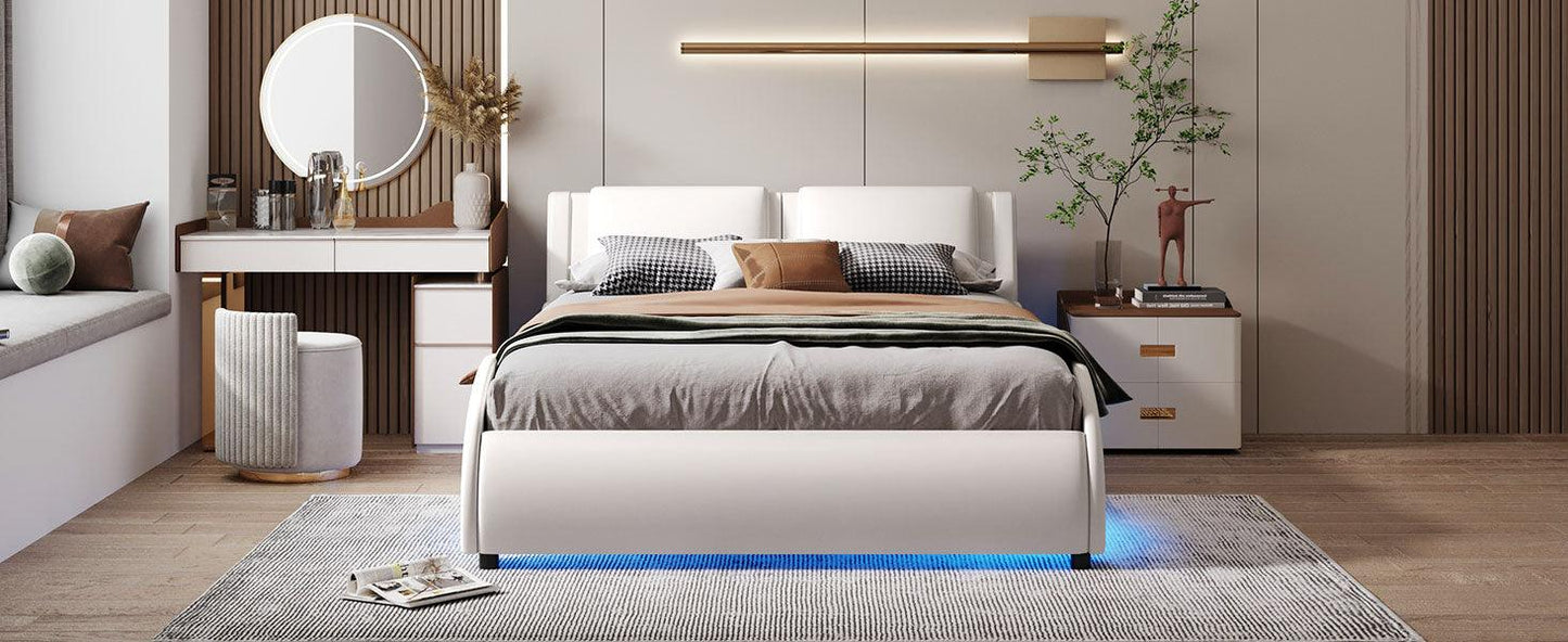 Full Size Upholstered Faux Leather Platform Bed with LED Light Bed Frame with Slatted - White - FurniFindUSA