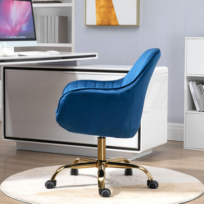 360° Dark Blue Velvet Swivel Chair With High Back Adjustable Working Chair With Golden Color Base - FurniFindUSA