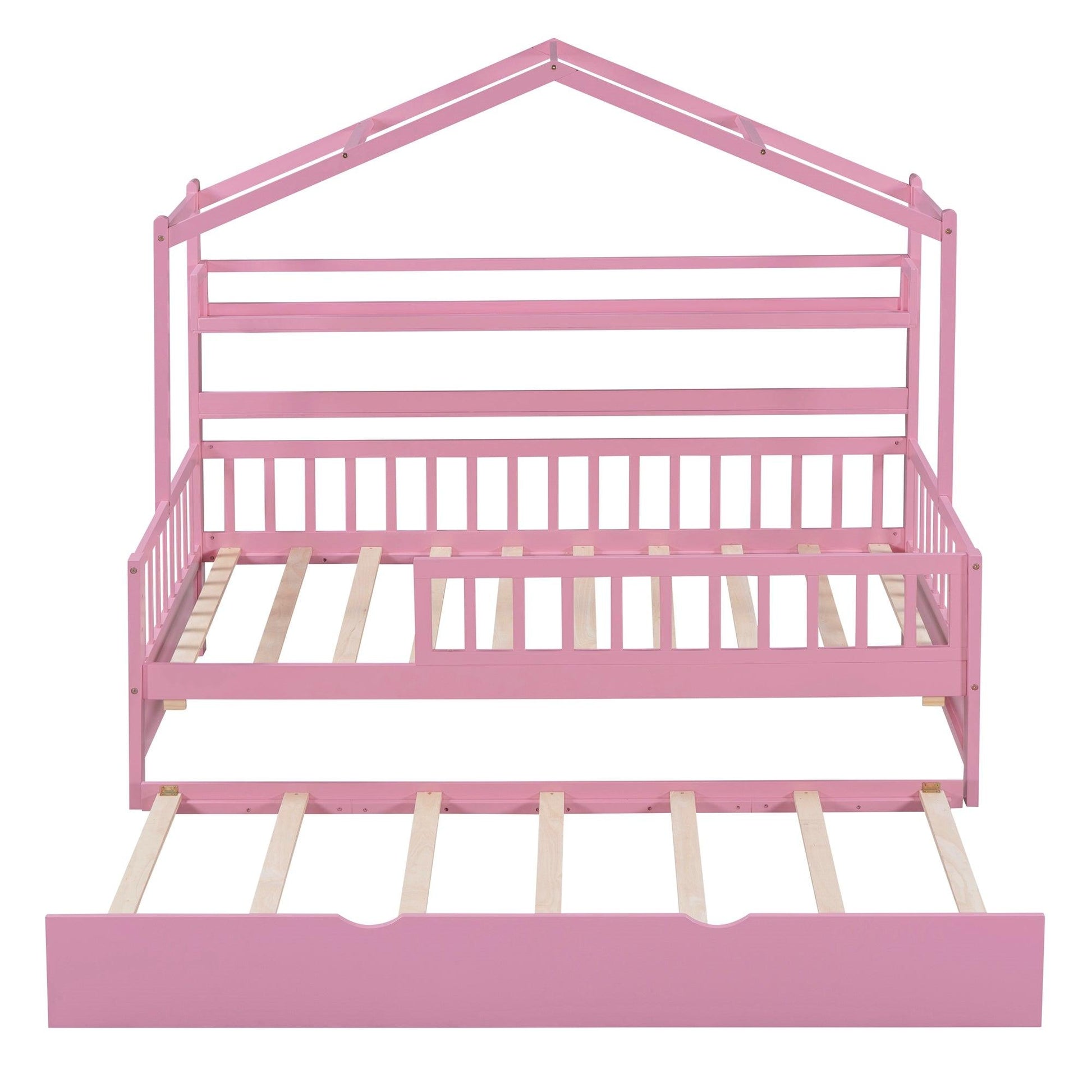 Wooden Twin Size House Bed with Trundle Kids Bed with Shelf Pink - FurniFindUSA