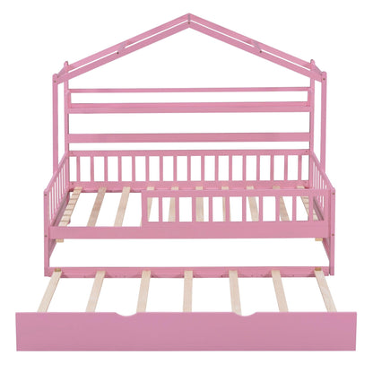 Wooden Twin Size House Bed with Trundle Kids Bed with Shelf Pink - FurniFindUSA