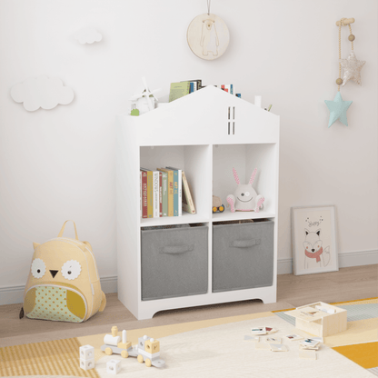 Kids Dollhouse Bookcase with Storage 2-Tier Storage Display Organizer (White/Gray) - FurniFindUSA