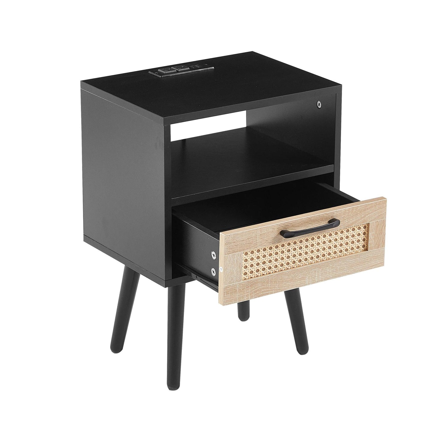 15.75" Rattan End table with Power Outlet & USB Ports Modern nightstand with drawer and solid wood legs black - FurniFindUSA