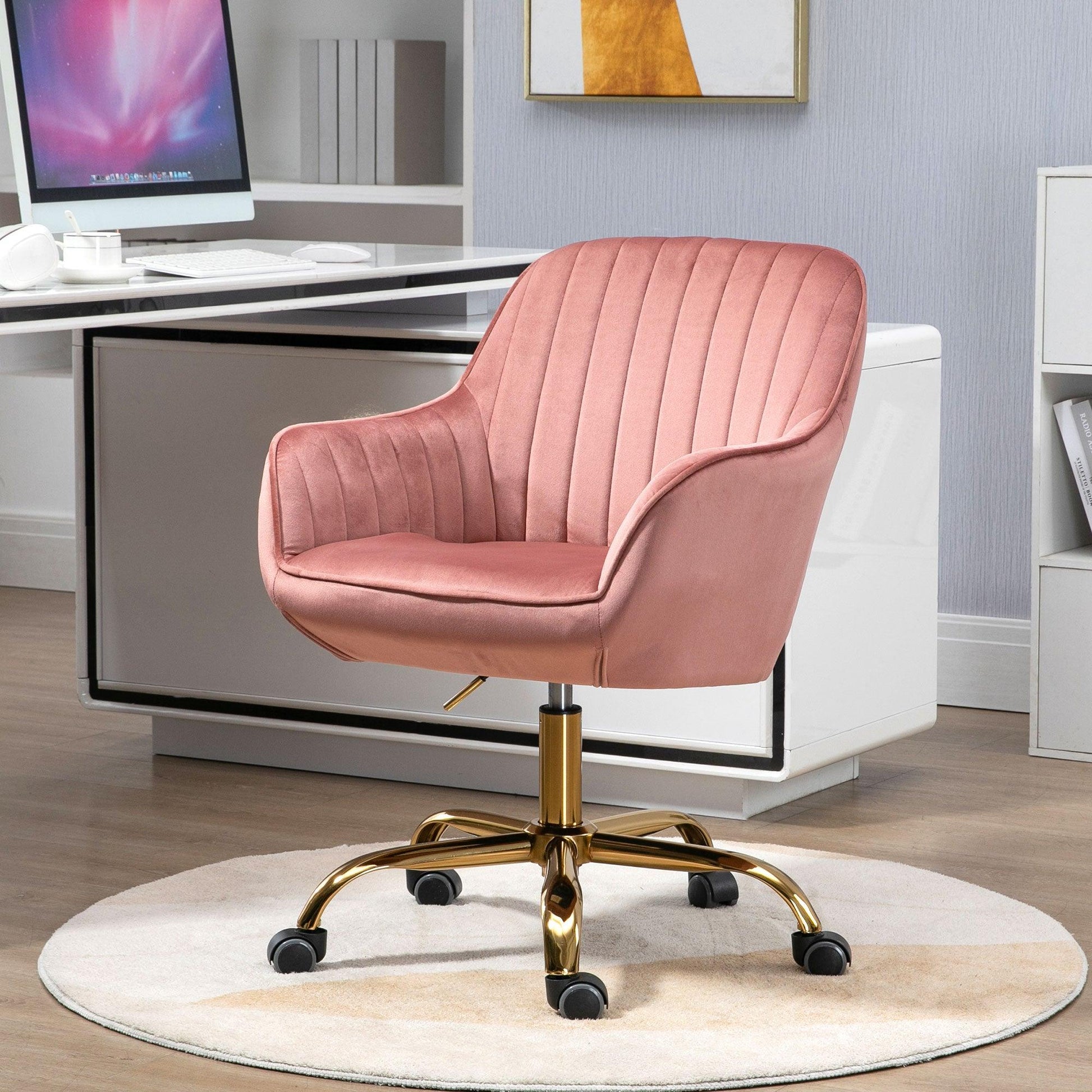 360° Pink Velvet Swivel Chair With High Back Adjustable Working Chair With Golden Color Base - FurniFindUSA