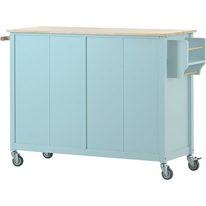 Kitchen Island Cart with 4 Door Cabinet and Two Drawers and 2 Locking Wheels - Solid Wood Top (Mint Green) - FurniFindUSA