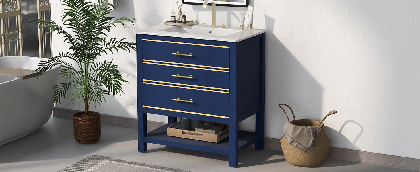 [Viedo]Modern 30inch Navy Blue/White Bathroom Vanity Cabinet Combo with Open Storge, Two Drawers - FurniFindUSA