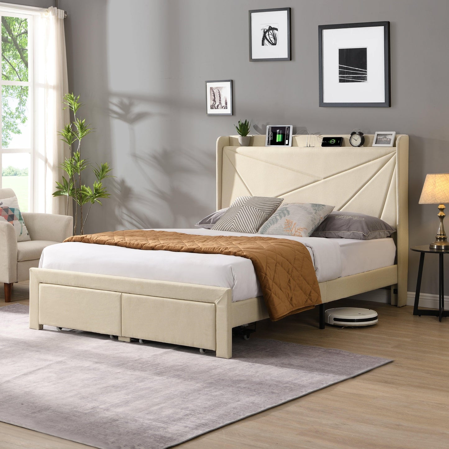 Queen Size Bed Frame with 2 Storage Drawers Upholstered Bed Frame - FurniFindUSA