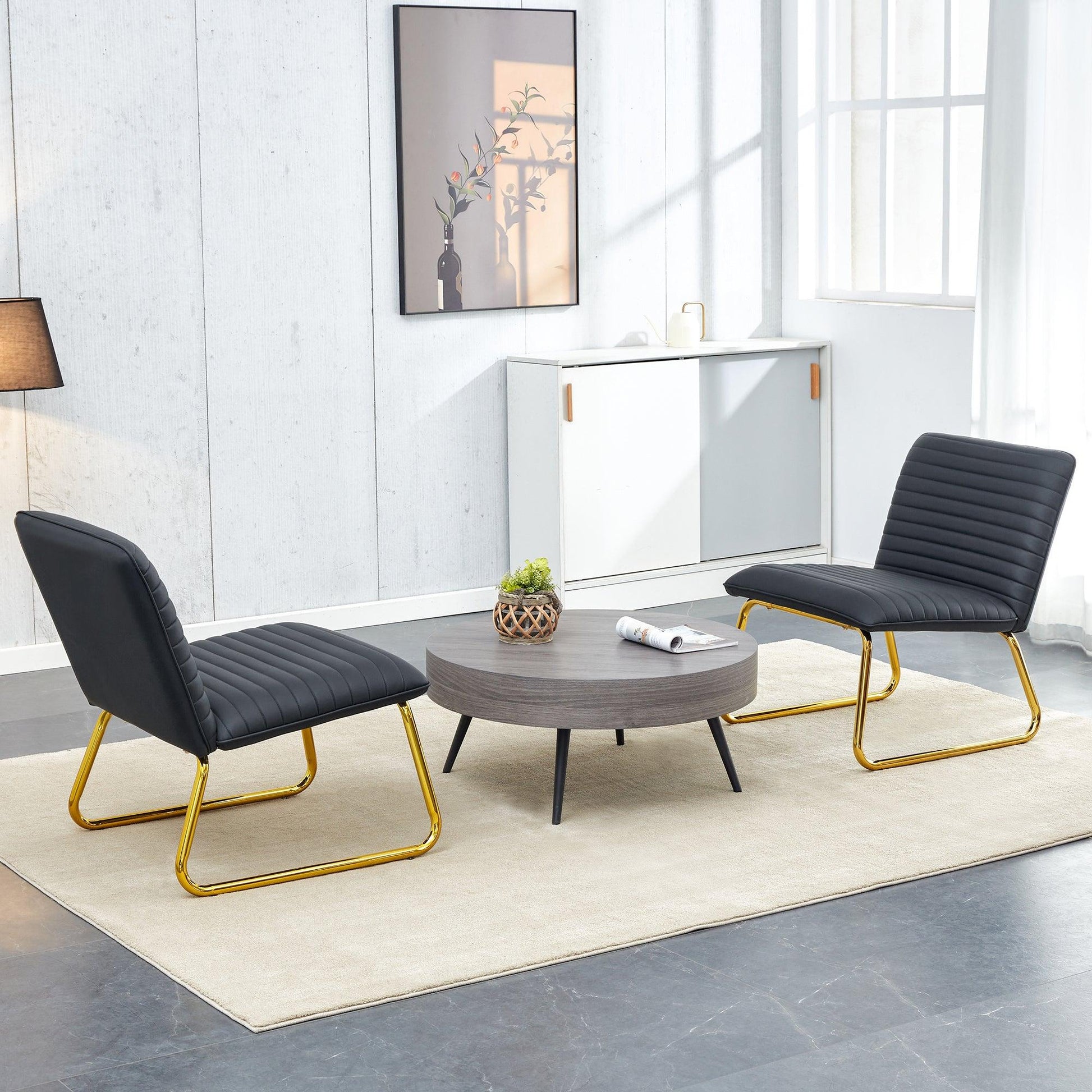 Black minimalist armless sofa chair with PU backrest and golden metal legs suitable for offices restaurants - FurniFindUSA