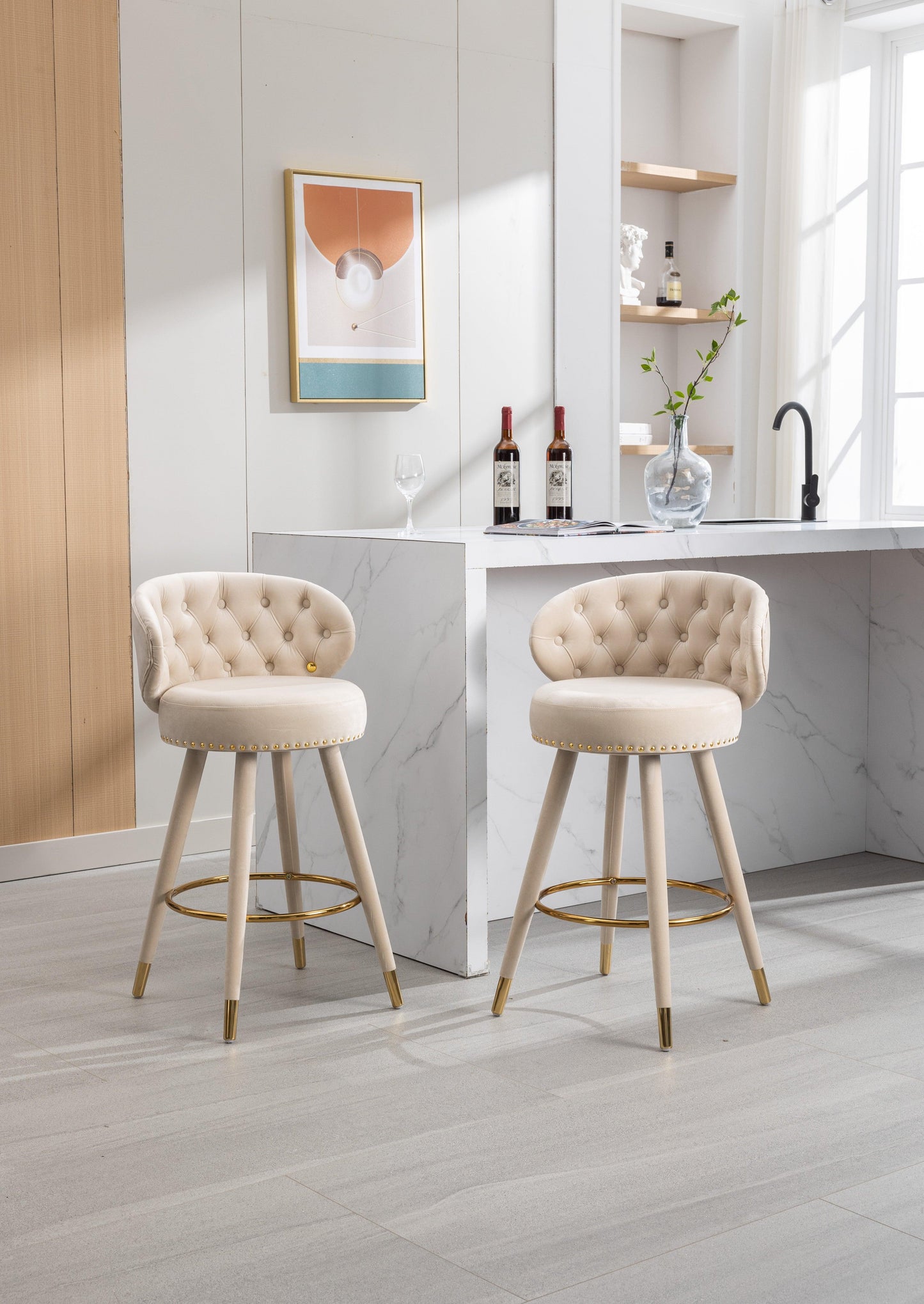 COOLMORE Counter Height Bar Stools Set of 2 for Kitchen Counter Solid Wood Legs with a fixed height of 360 degrees Beige - FurniFindUSA