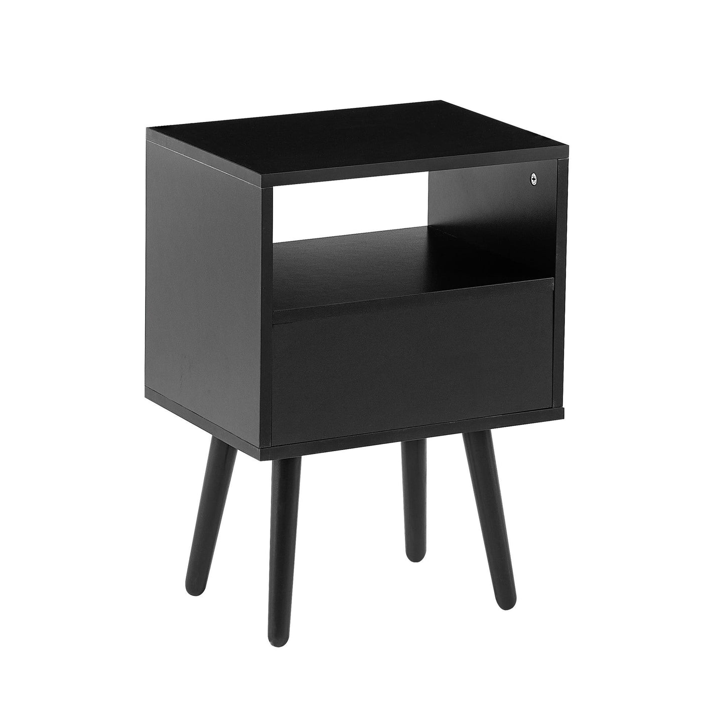 15.75" Rattan End table with drawer and solid wood legs Modern nightstand side table for living room black - FurniFindUSA