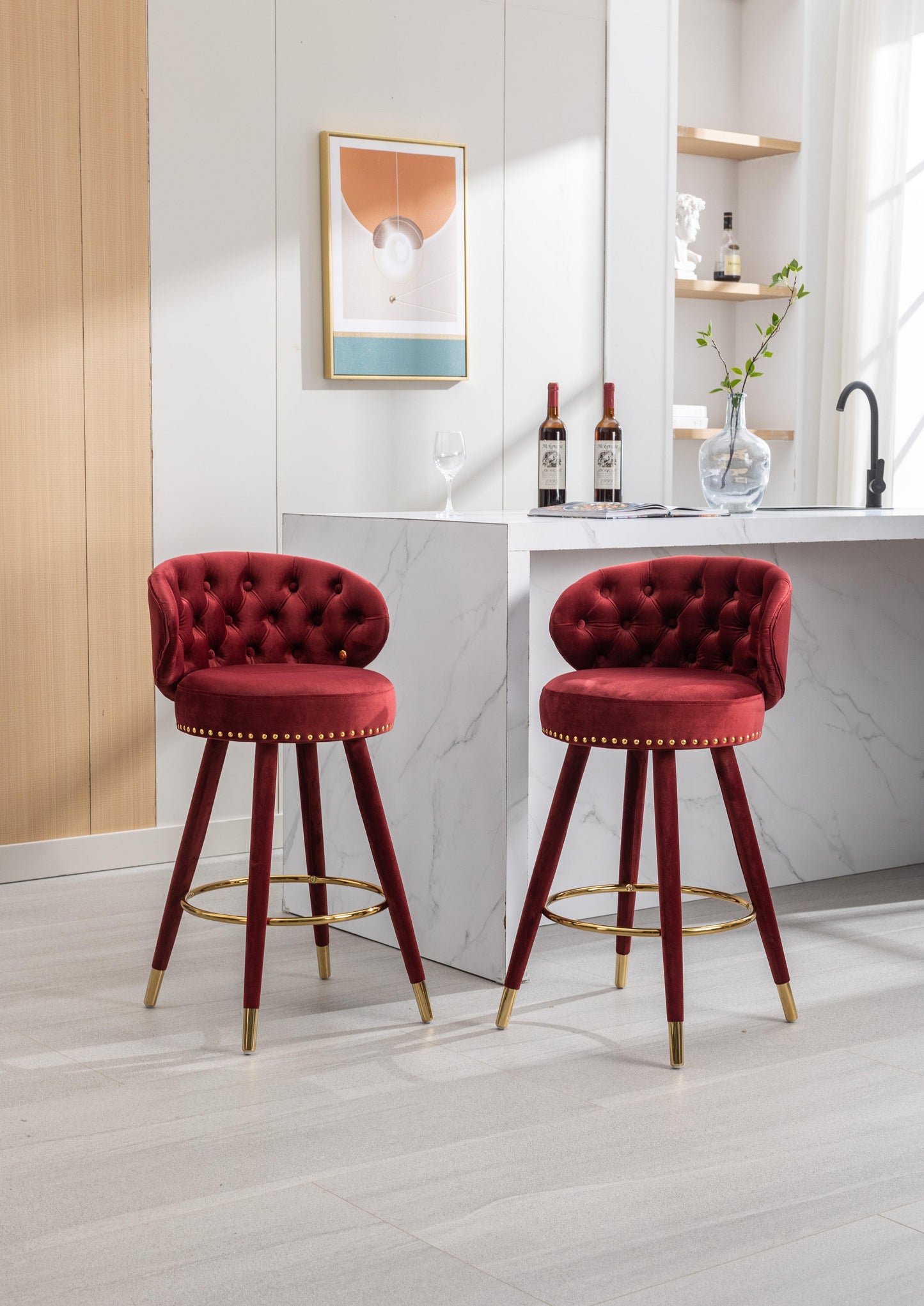 COOLMORE Counter Height Bar Stools Set of 2 for Kitchen Counter Solid Wood Legs with a fixed height of 360 degrees Claret Red - FurniFindUSA