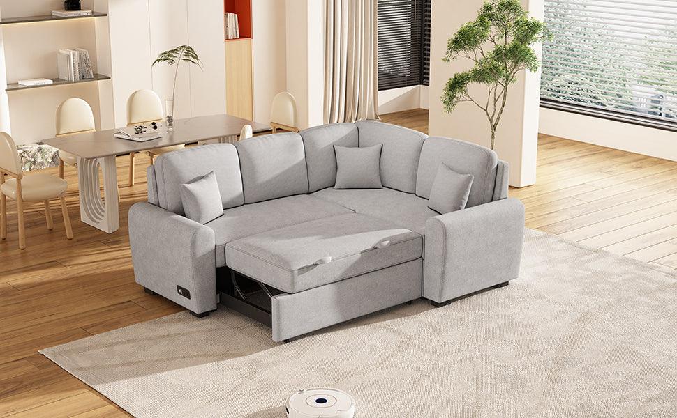 87.4"Sectional Sleeper Sofa with USB Charging Port and Plug Outlet Pull-Out Sofa Bed with 3 Pillows Grey - FurniFindUSA