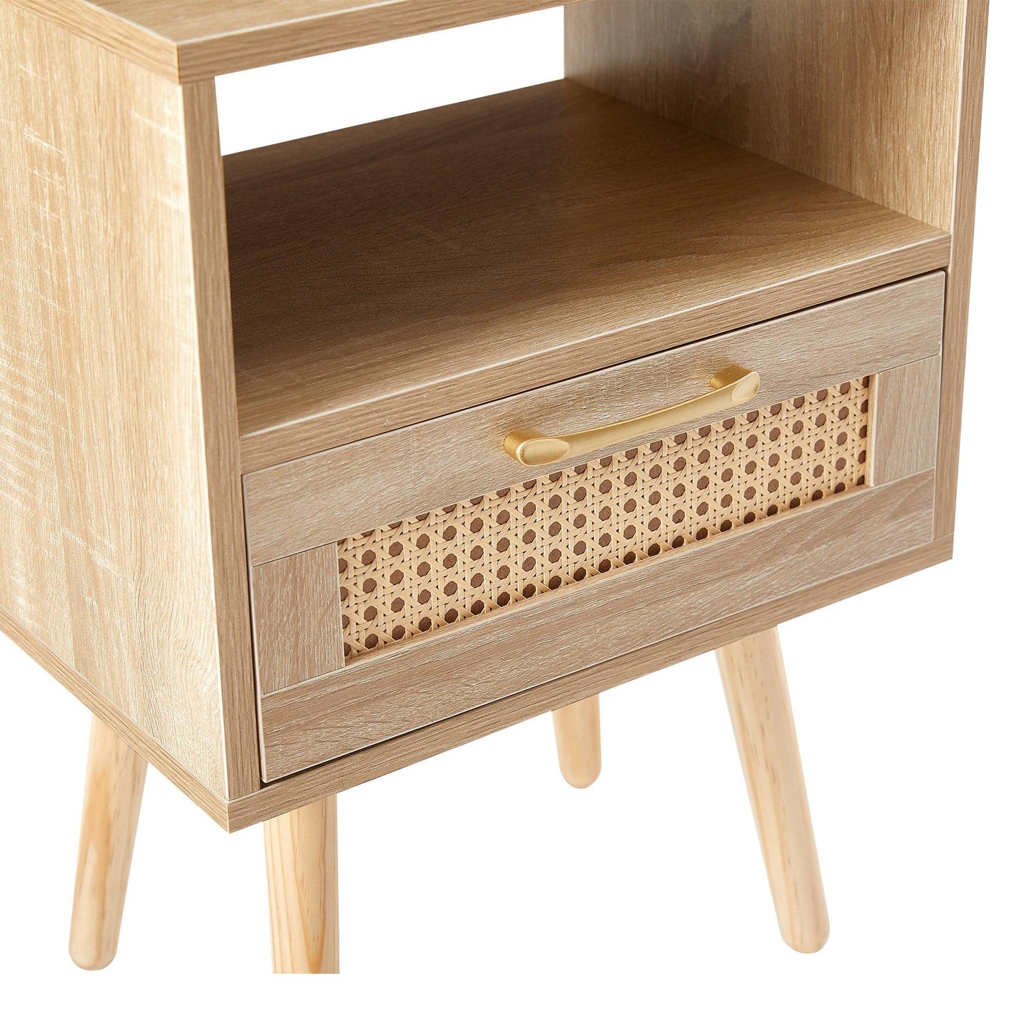 15.75" Rattan End table with Power Outlet & USB Ports Modern nightstand with drawer and solid wood legs - FurniFindUSA