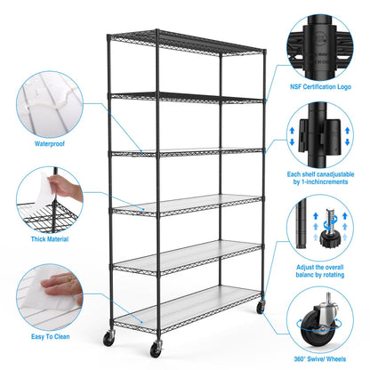 6 Tier Wire Shelving Unit 6000 LBS NSF Height Adjustable Metal Garage Storage Shelves with Wheels Black - FurniFindUSA