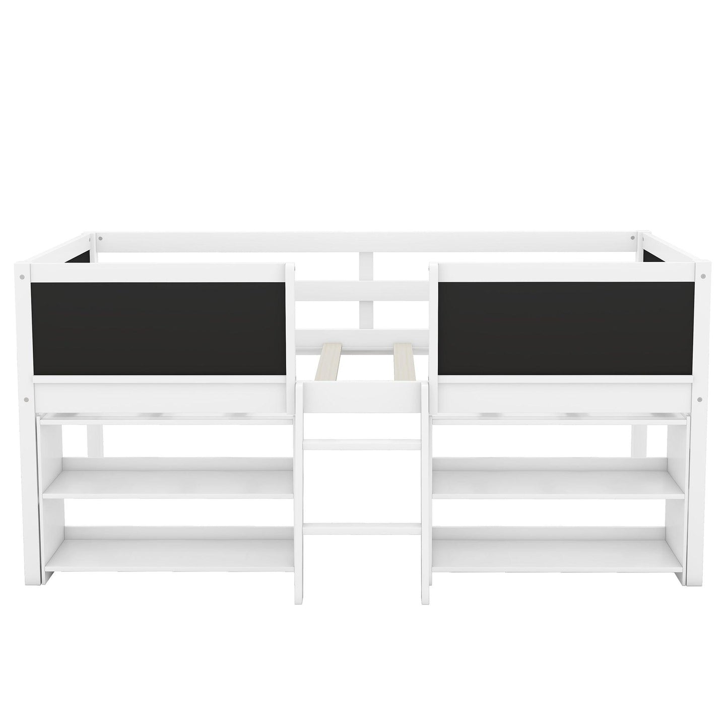 Twin Size Low Loft Bed with Two Movable Shelves and Ladder,with Decorative Guardrail Chalkboard,White - FurniFindUSA