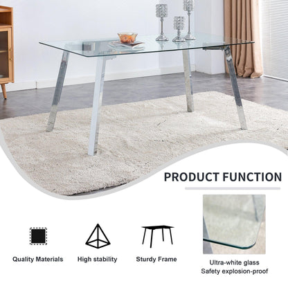 A modern minimalist rectangular glass dining table with tempered glass tabletop and silver metal legs - FurniFindUSA