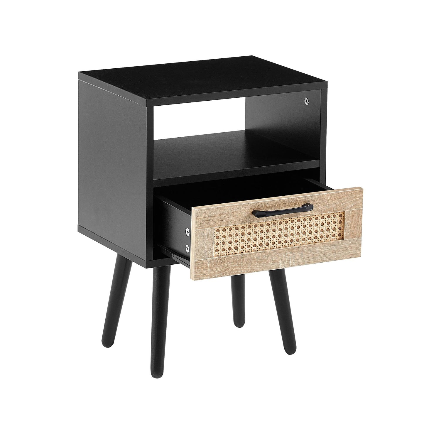 15.75" Rattan End table with drawer and solid wood legs Modern nightstand side table for living room black - FurniFindUSA