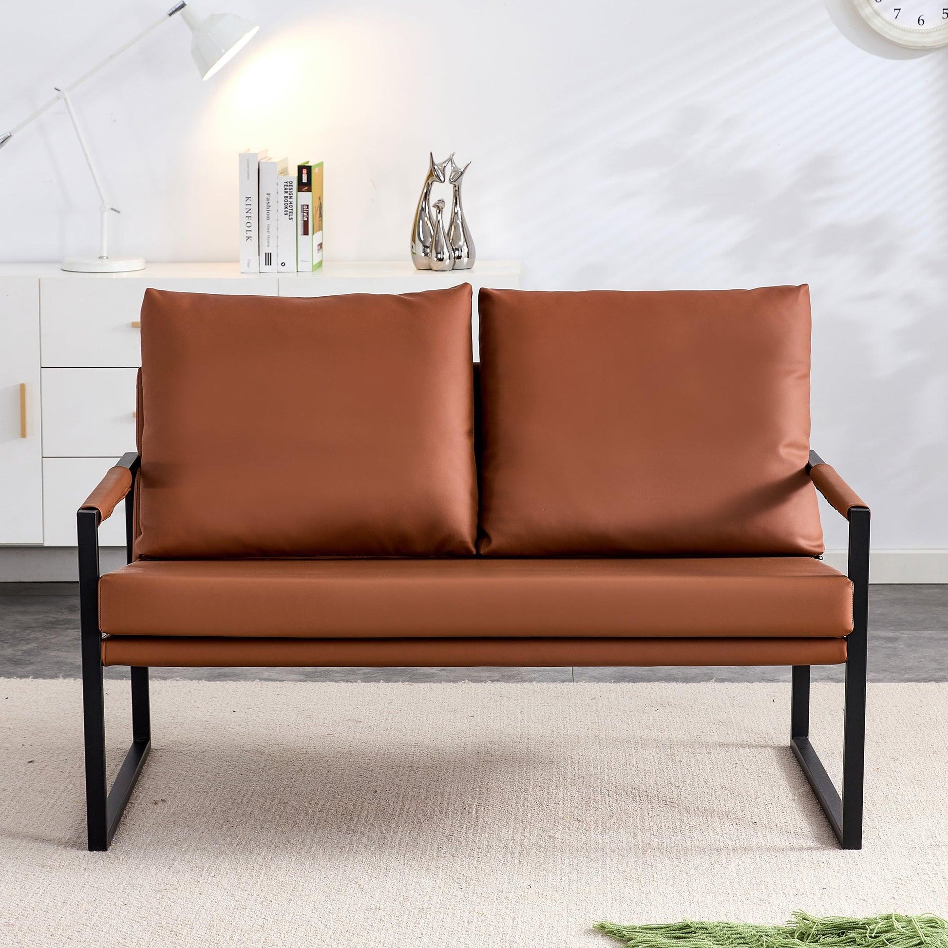 Modern Two-Seater Sofa Chair with 2 Pillows - PU Leather High-Density Foam Black Coated Metal Frame Brown - FurniFindUSA