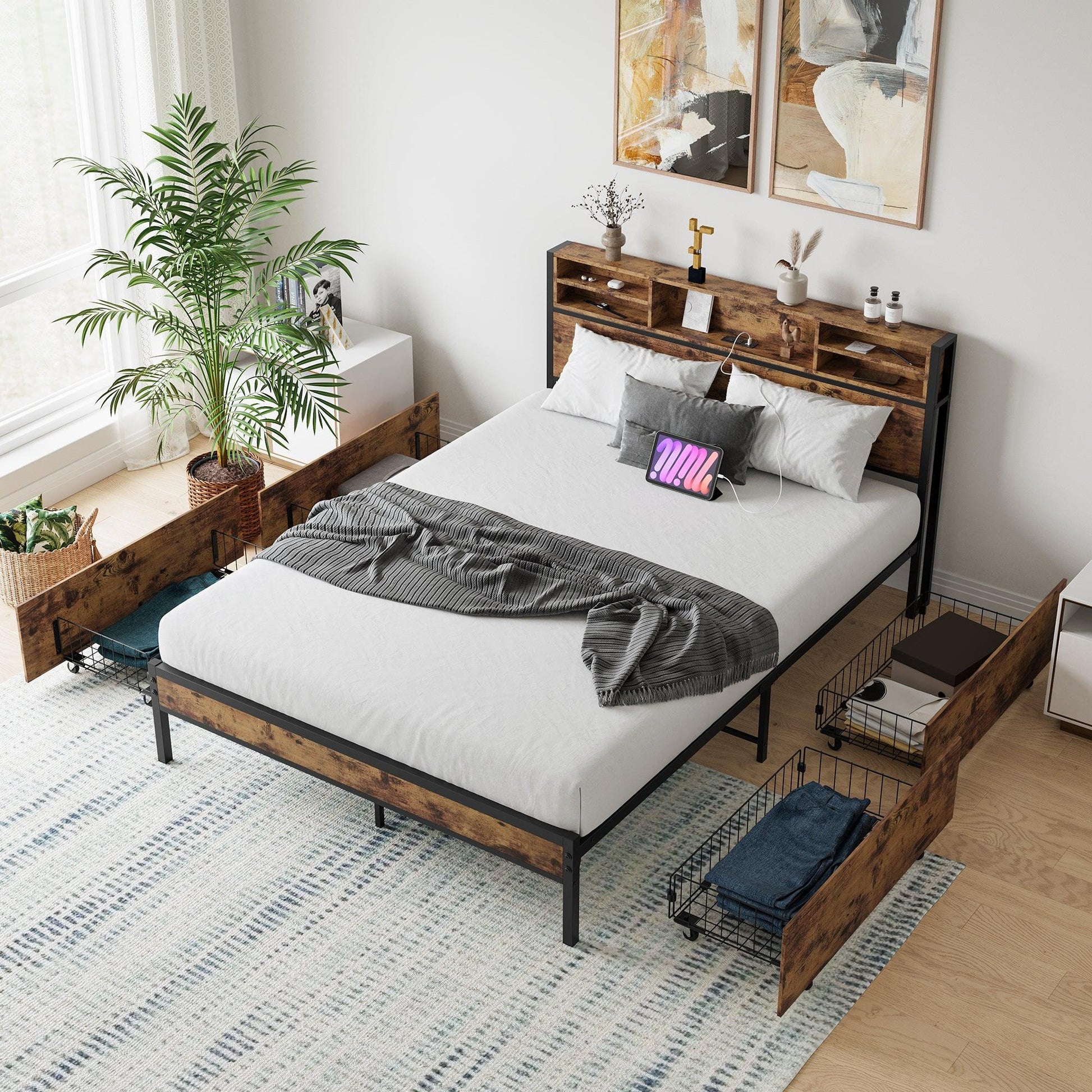 Queen Bed Frame with Storage Headboard and 4 Drawers - FurniFindUSA