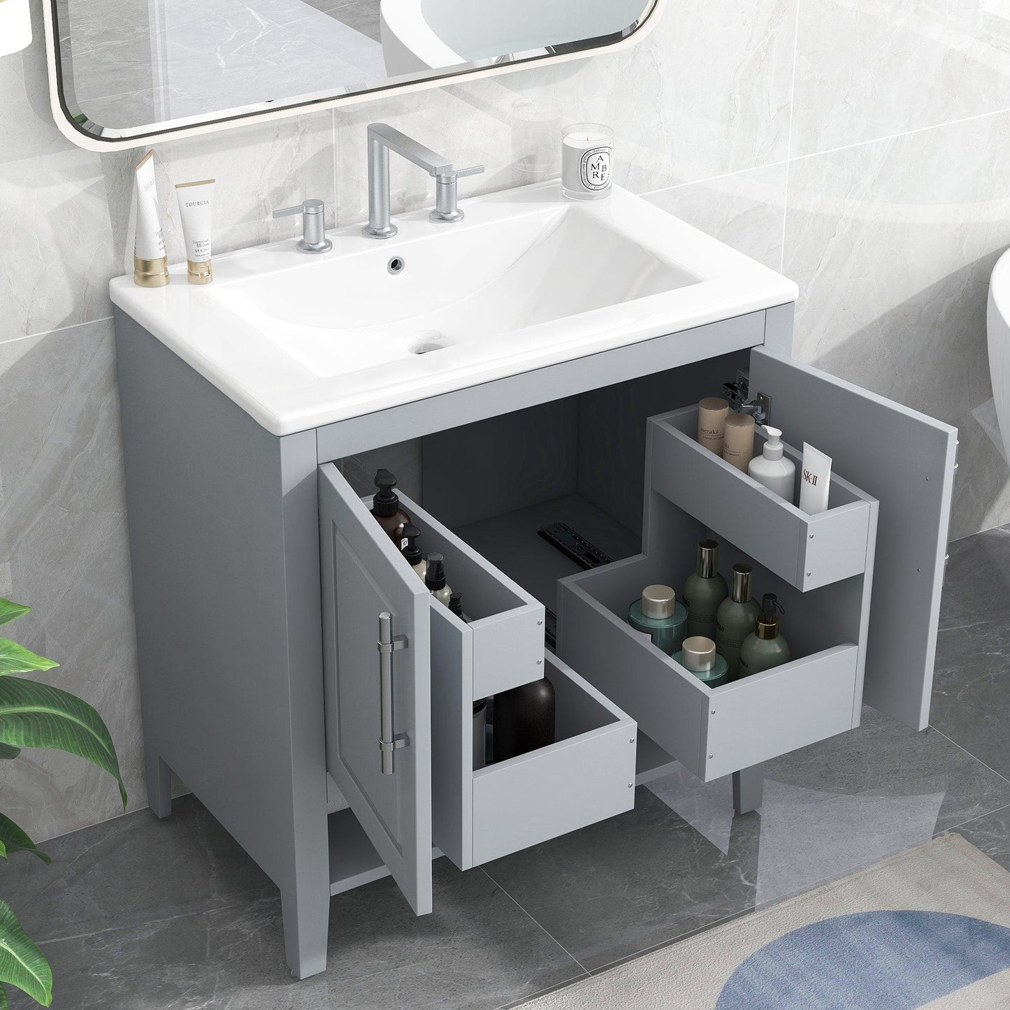 30" Bathroom Vanity with Sink, Multi-functional Bathroom Cabinet with Doors and Drawers, Solid Frame and MDF Board, Grey - FurniFindUSA