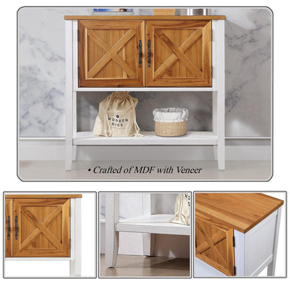 35''Farmhouse Wood Buffet Sideboard Console Table (Antique White + Natural Acacia Top & Door) - FurniFindUSA