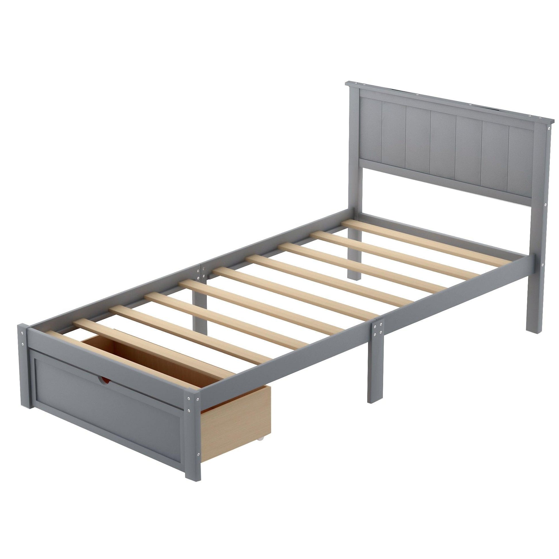 Twin Size Platform Bed with Under-bed Drawer Gray - FurniFindUSA