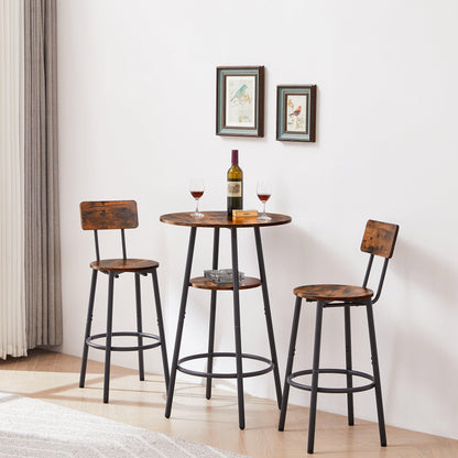 Round bar stool set with shelves stool with backrest Rustic Brown 23.6'' Dia x 35.4'' H - FurniFindUSA