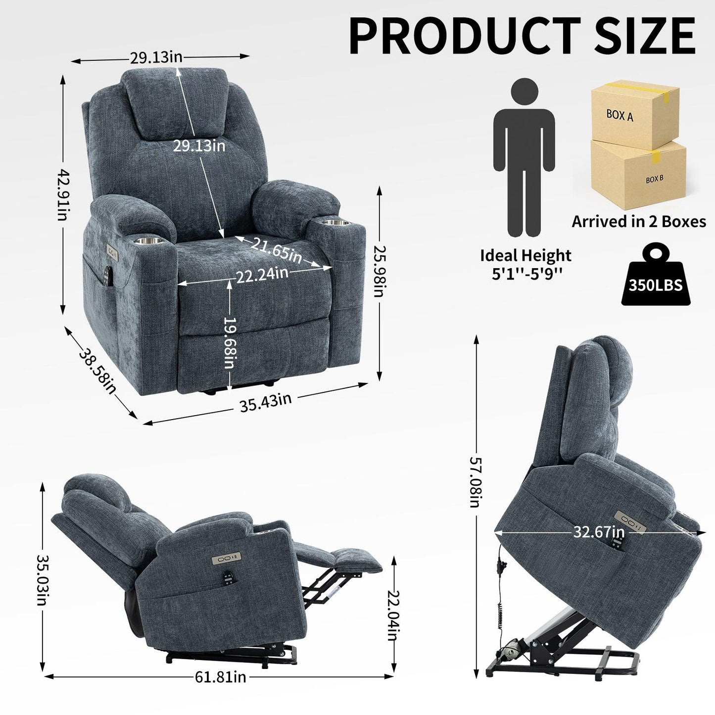 Okin motor Up to 350 LBS Chenille Power Lift Recliner Chair Blue - FurniFindUSA