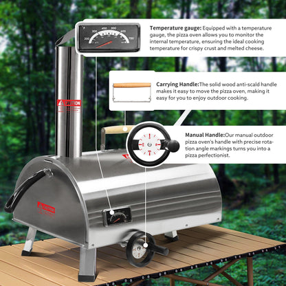 Silver Pizza Oven Outdoor 12" Semi-Automatic Rotatable Pizza Ovens Portable Stainless Steel - FurniFindUSA