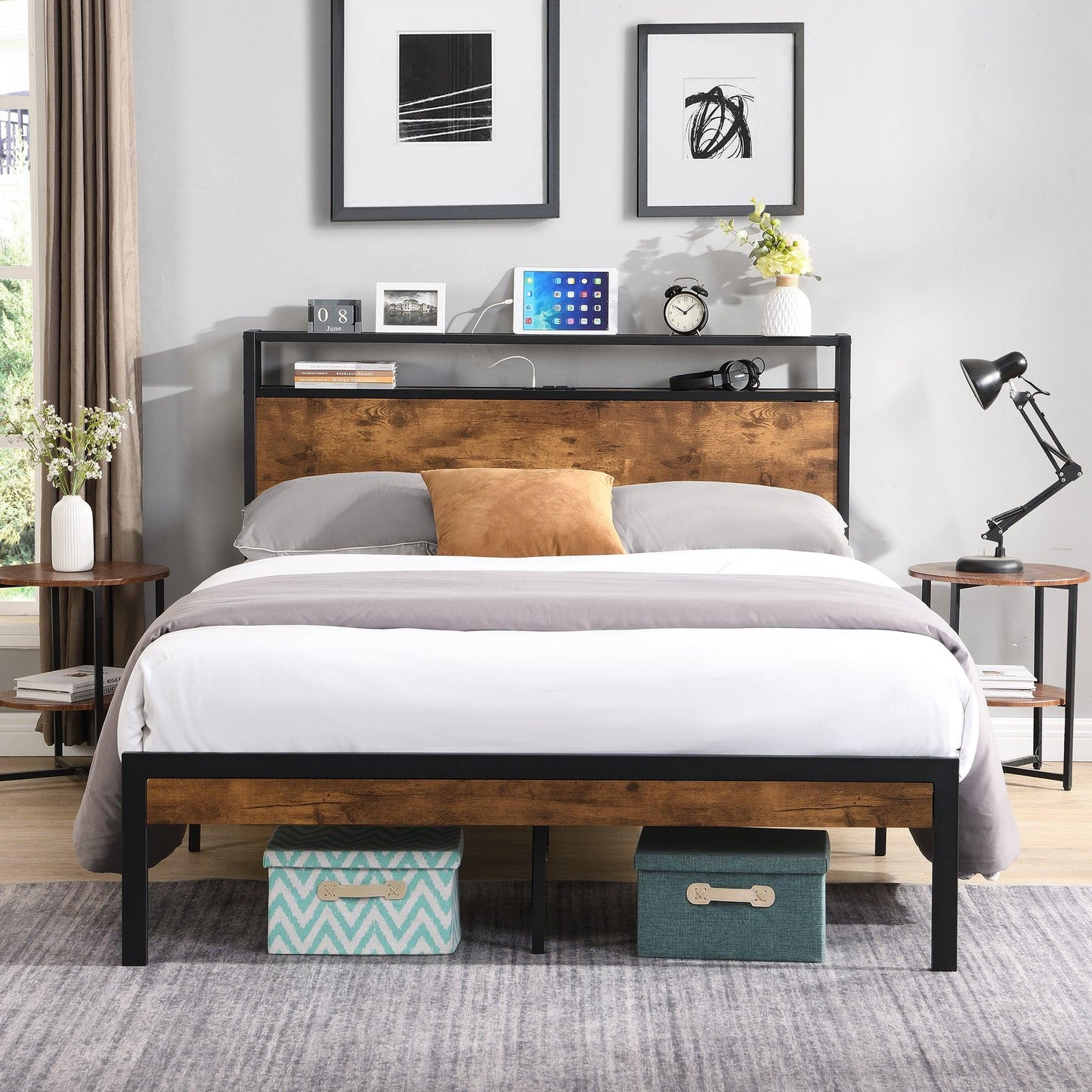Queen Size Metal Platform Bed Frame with Wooden Headboard and Footboard with USB LINER - FurniFindUSA