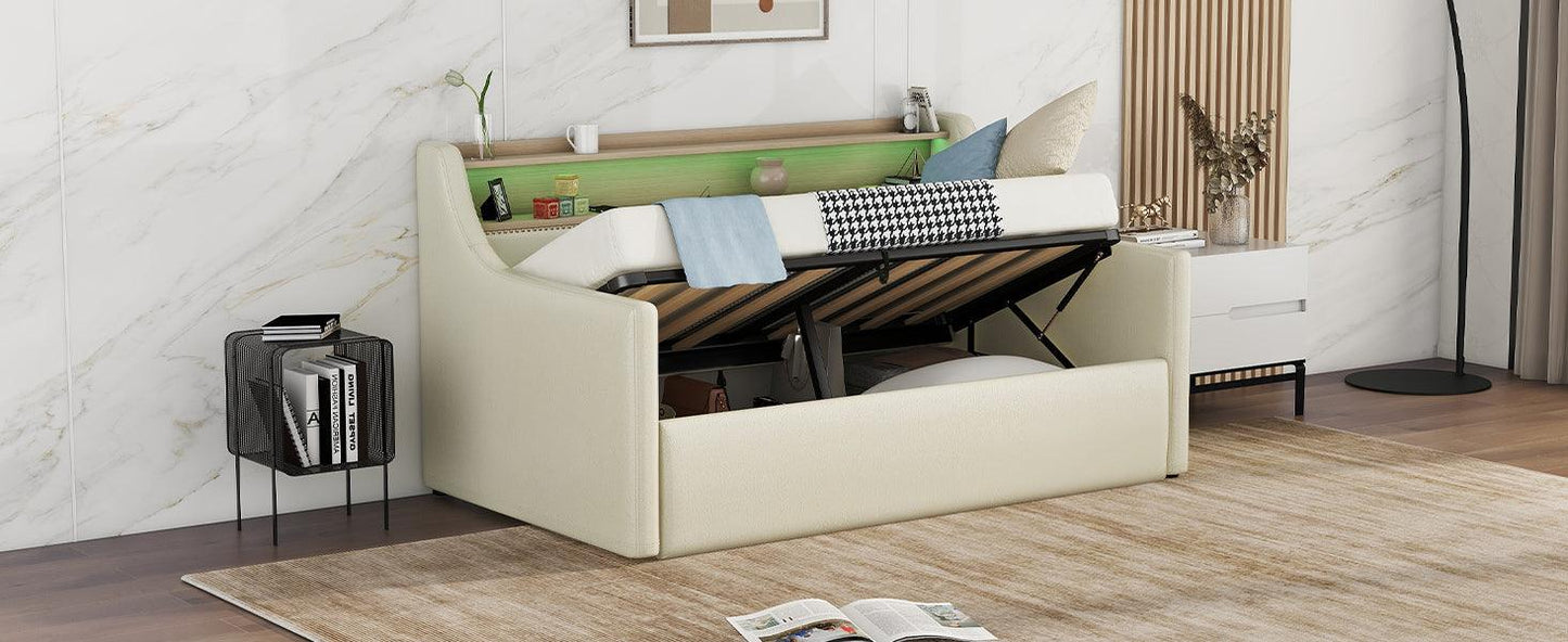 Twin Size Daybed with Hydraulic Storage Upholstered Daybed with Lift Up Storage Beige - FurniFindUSA