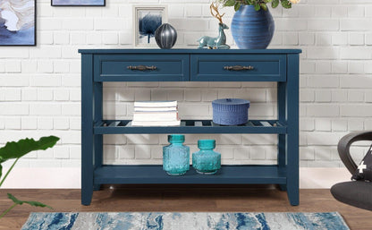 Console Sofa Table with 2 Storage Drawers and 2 Tiers Shelves Mid-Century Style 42'' Solid Wood Buffet Sideboard Navy Blue - FurniFindUSA