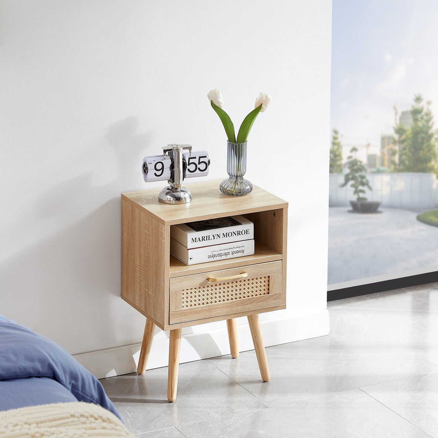 15.75" Rattan End table with drawer and solid wood legs Modern nightstand side table for living room natural - FurniFindUSA