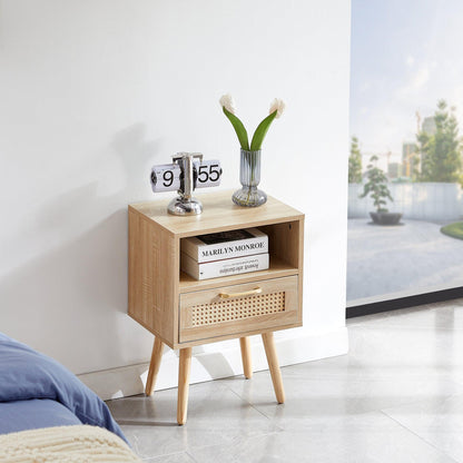 15.75" Rattan End table with drawer and solid wood legs Modern nightstand side table for living room natural - FurniFindUSA