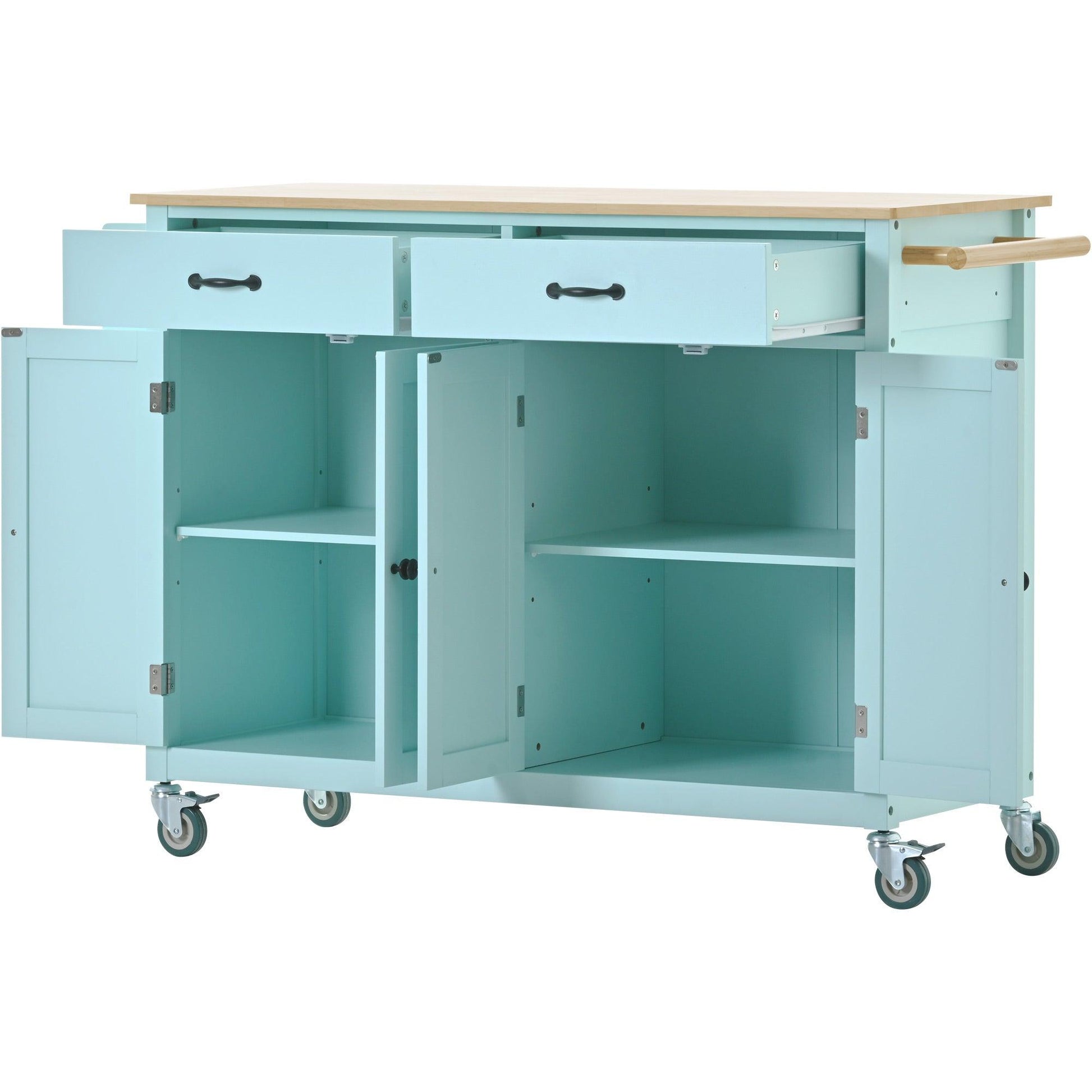 Kitchen Island Cart with 4 Door Cabinet and Two Drawers and 2 Locking Wheels - Solid Wood Top (Mint Green) - FurniFindUSA