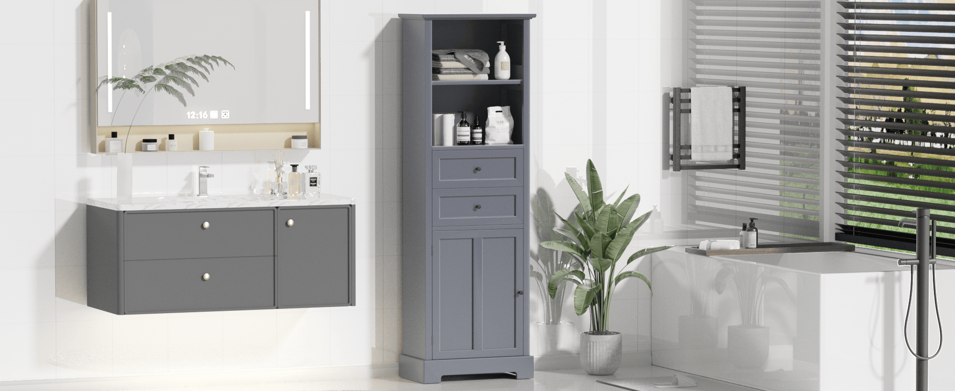 Bathroom Storage Cabinet, Tall Storage Cabinet with Two Drawers, Open Storage, Adjustable Shelf, Grey - FurniFindUSA