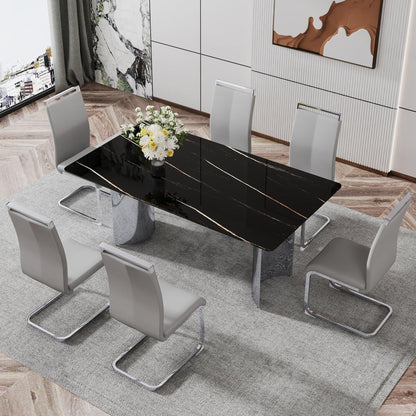 Modern minimalist dining table The black imitation marble glass desktop is equipped with silver metal legs - FurniFindUSA