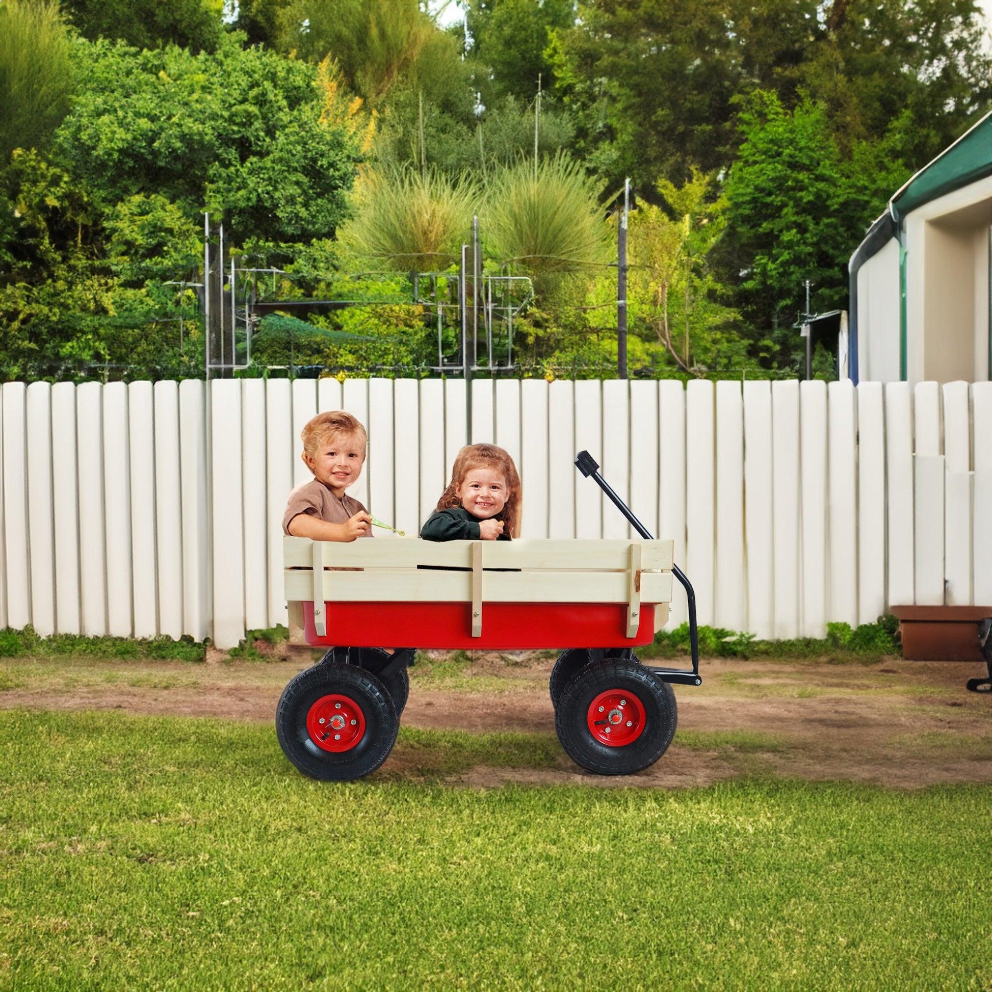 Outdoor Wagon All Terrain Pulling w/Wood Railing Air Tires Children Kid Garden（Red） - FurniFindUSA