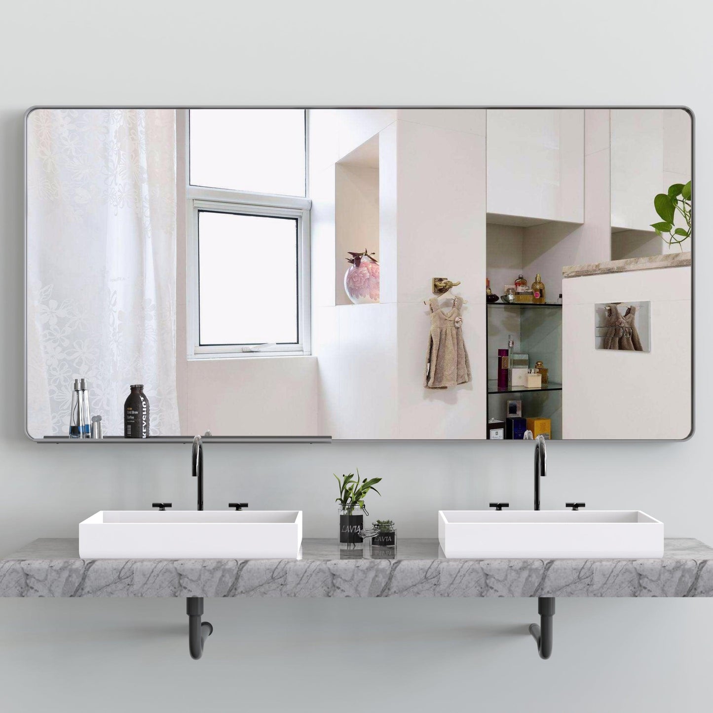 Large bathroom mirror with movable tray wall mounted mirror, vertically and horizontally suspended aluminum frame wall mounted m - FurniFindUSA