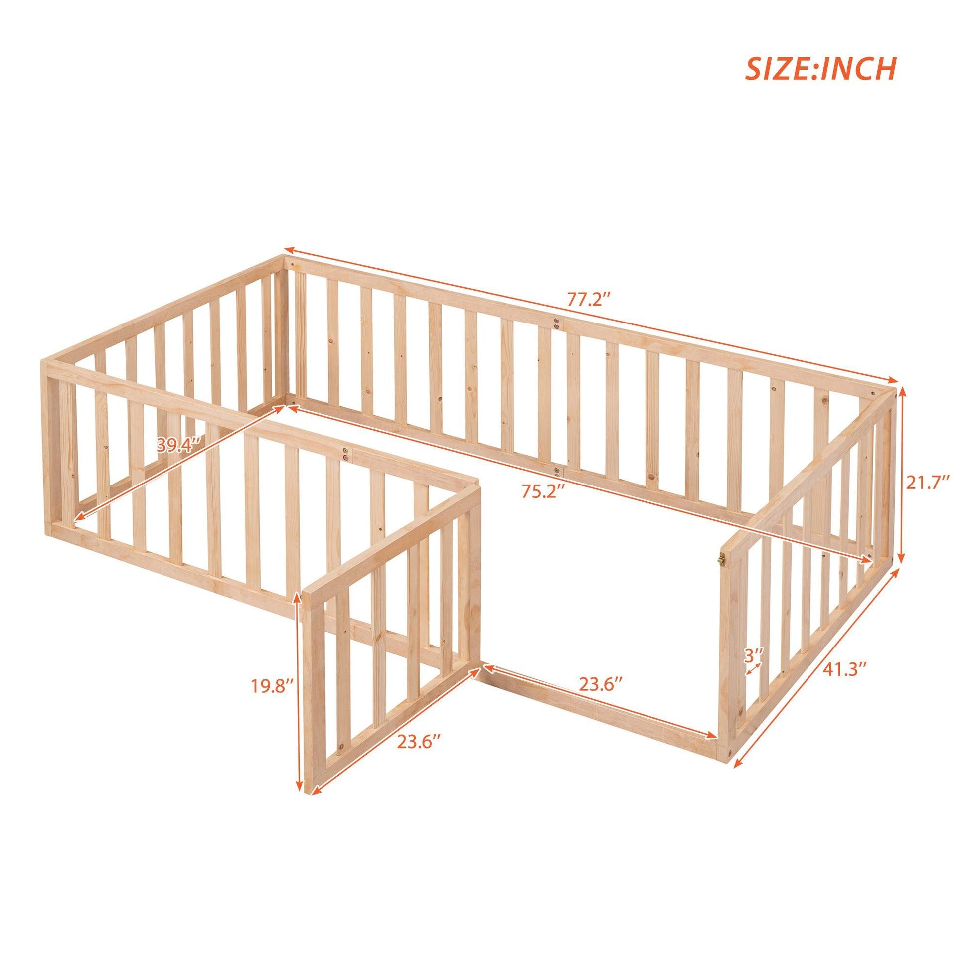 Twin Size Wood Floor Bed Frame with Fence and Door Natural - FurniFindUSA