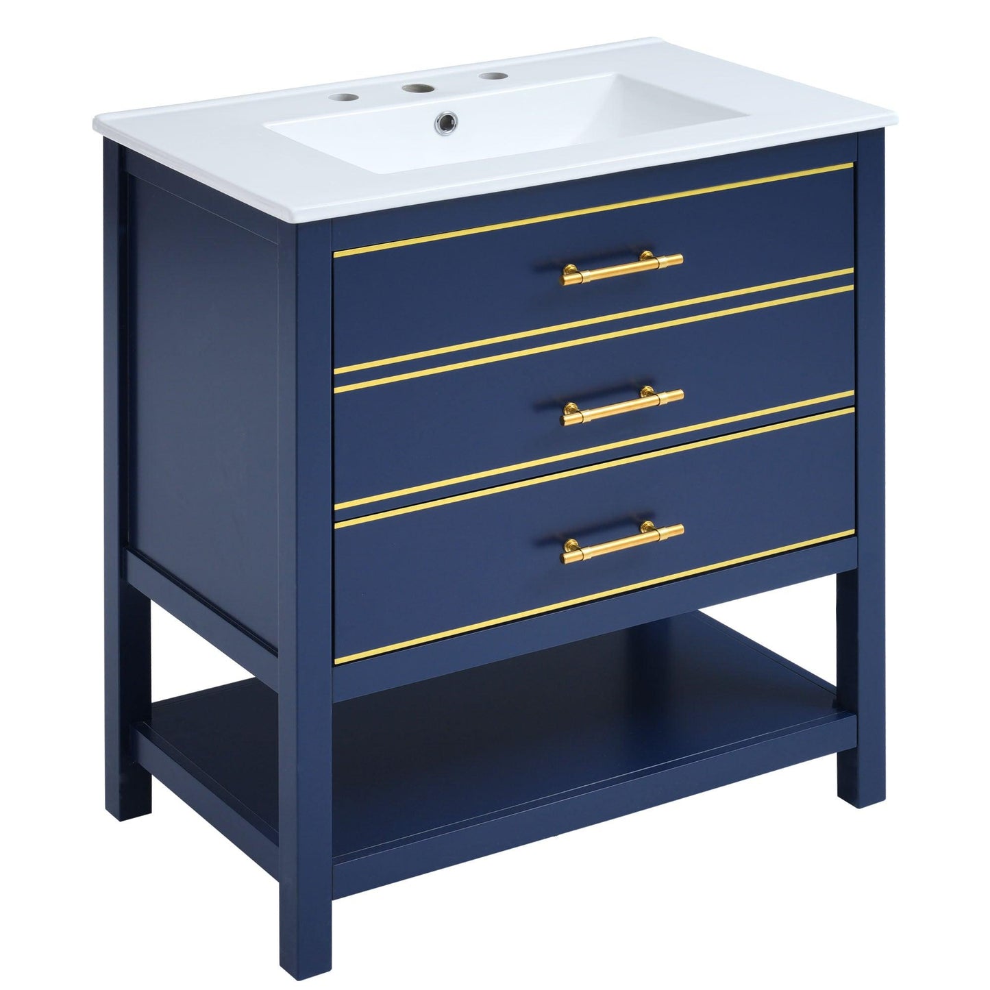 [Viedo]Modern 30inch Navy Blue/White Bathroom Vanity Cabinet Combo with Open Storge, Two Drawers - FurniFindUSA