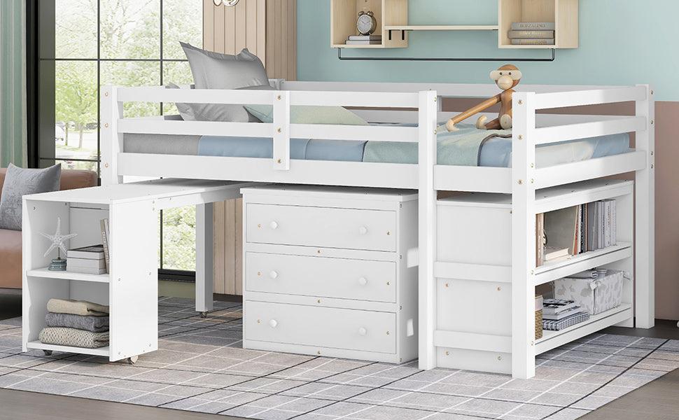 Low Study Full Loft Bed with Cabinet Shelves and Rolling Portable Desk Multiple Functions Bed- White - FurniFindUSA