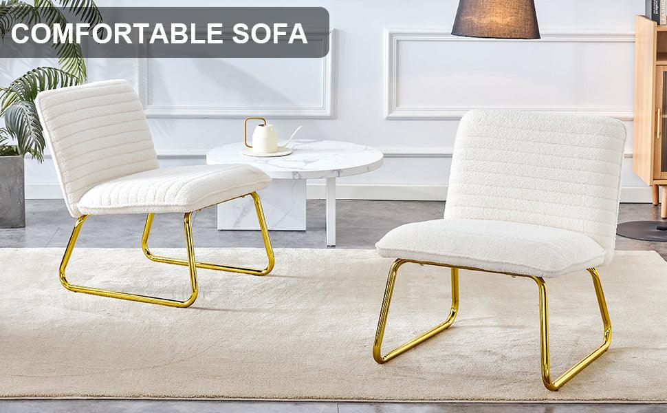 One White minimalist armless sofa chair with plush cushion and backrest paired with golden metal legs - FurniFindUSA