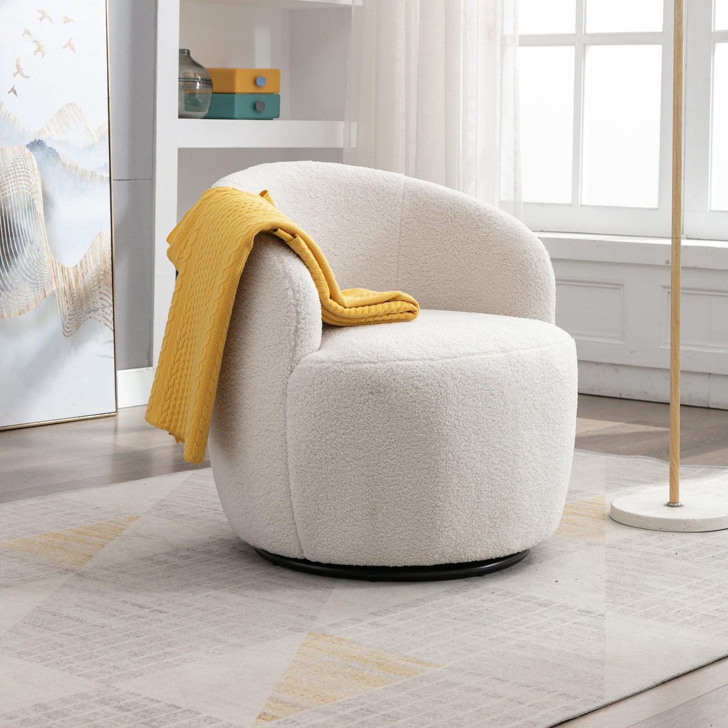 Teddy Fabric Swivel Accent Armchair Barrel Chair With Black Powder Coating Metal Ring Ivory White - FurniFindUSA