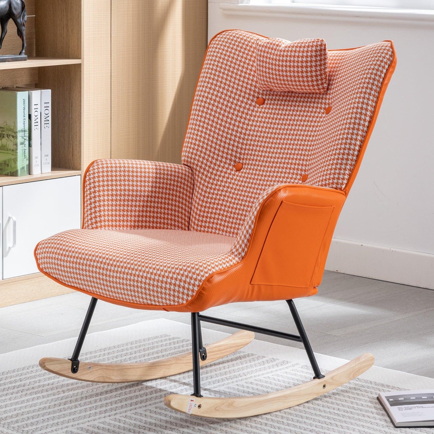 35.5 inch Rocking Chair Soft Houndstooth Fabric Leather Fabric Rocking Chair (orange) - FurniFindUSA