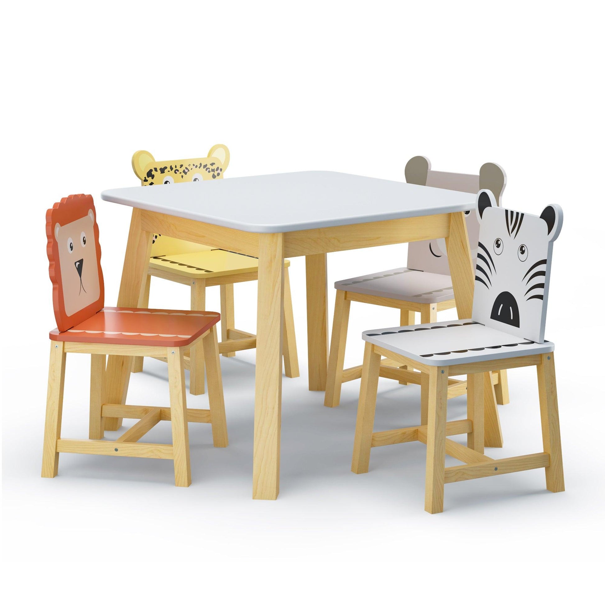 5 Piece Kiddy Table and Chair Set Kids Wood Table with 4 Chairs Set Cartoon Animals (bigger table) (3-8 years old) - FurniFindUSA